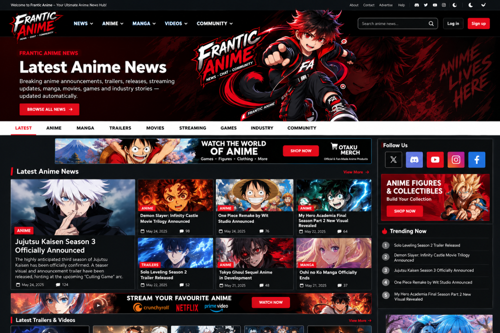 Frantic Anime Complete – Automated Anime News & Community WordPress Theme preview